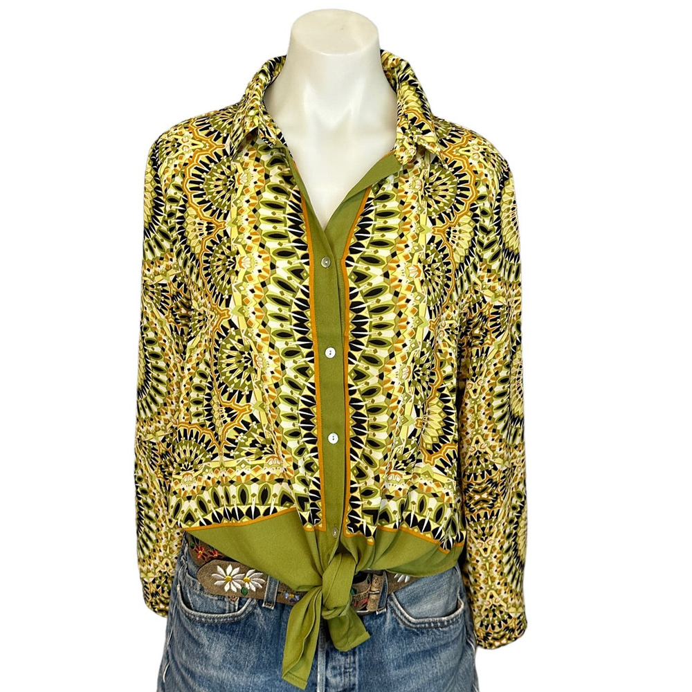 Rose + Olive Geometric Button Up Shirt MEDIUM Scarf Print Tie Front Blouse Silky